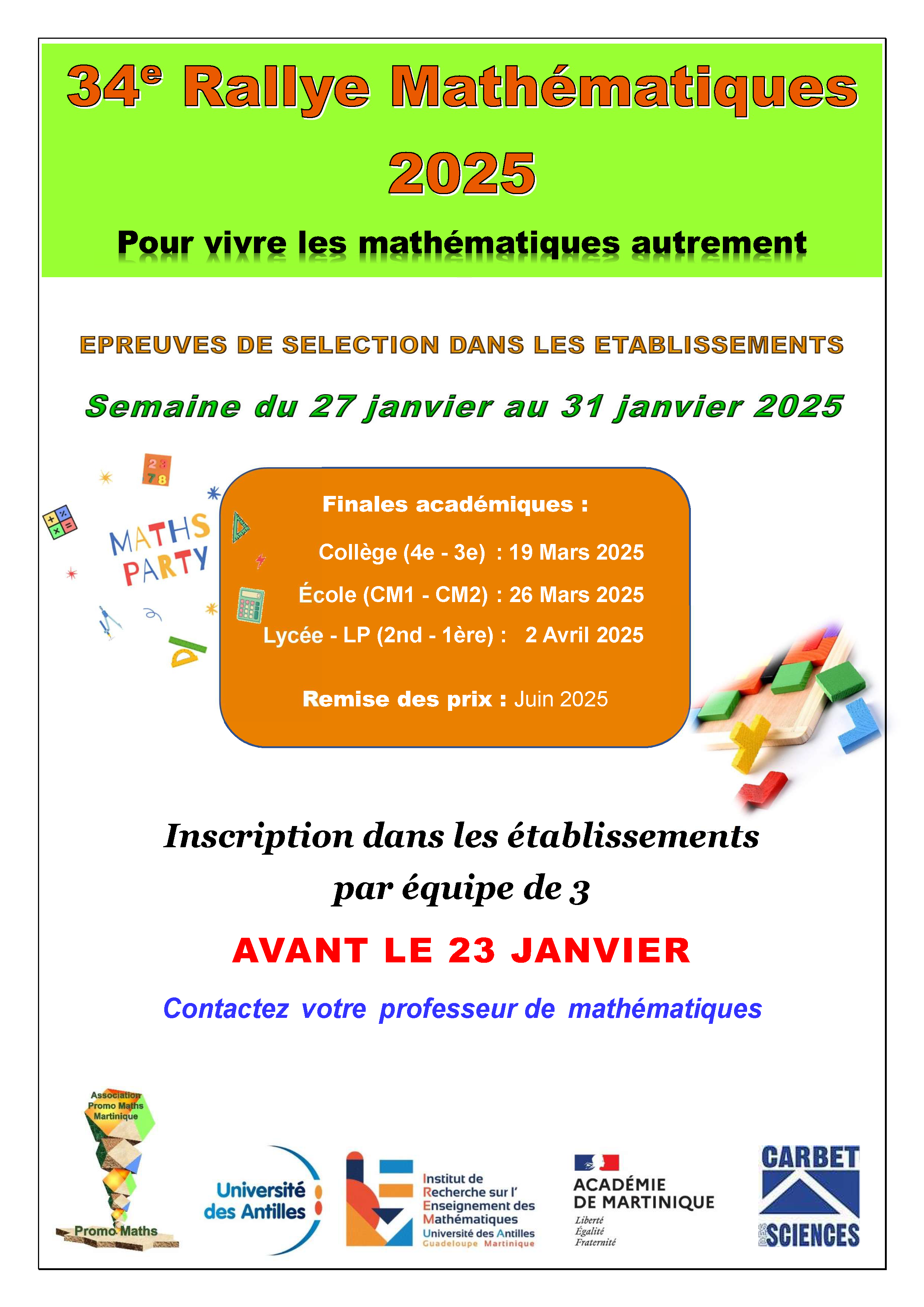 Affiche 34e rallye mathématiques Martinique